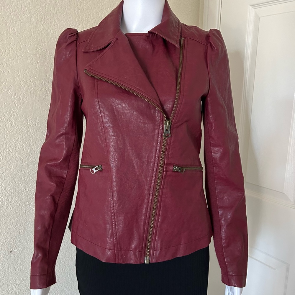 Anthropologie Petula Puff Sleeve Moto Biker Vegan Leather Jacket WineMaroon  XS